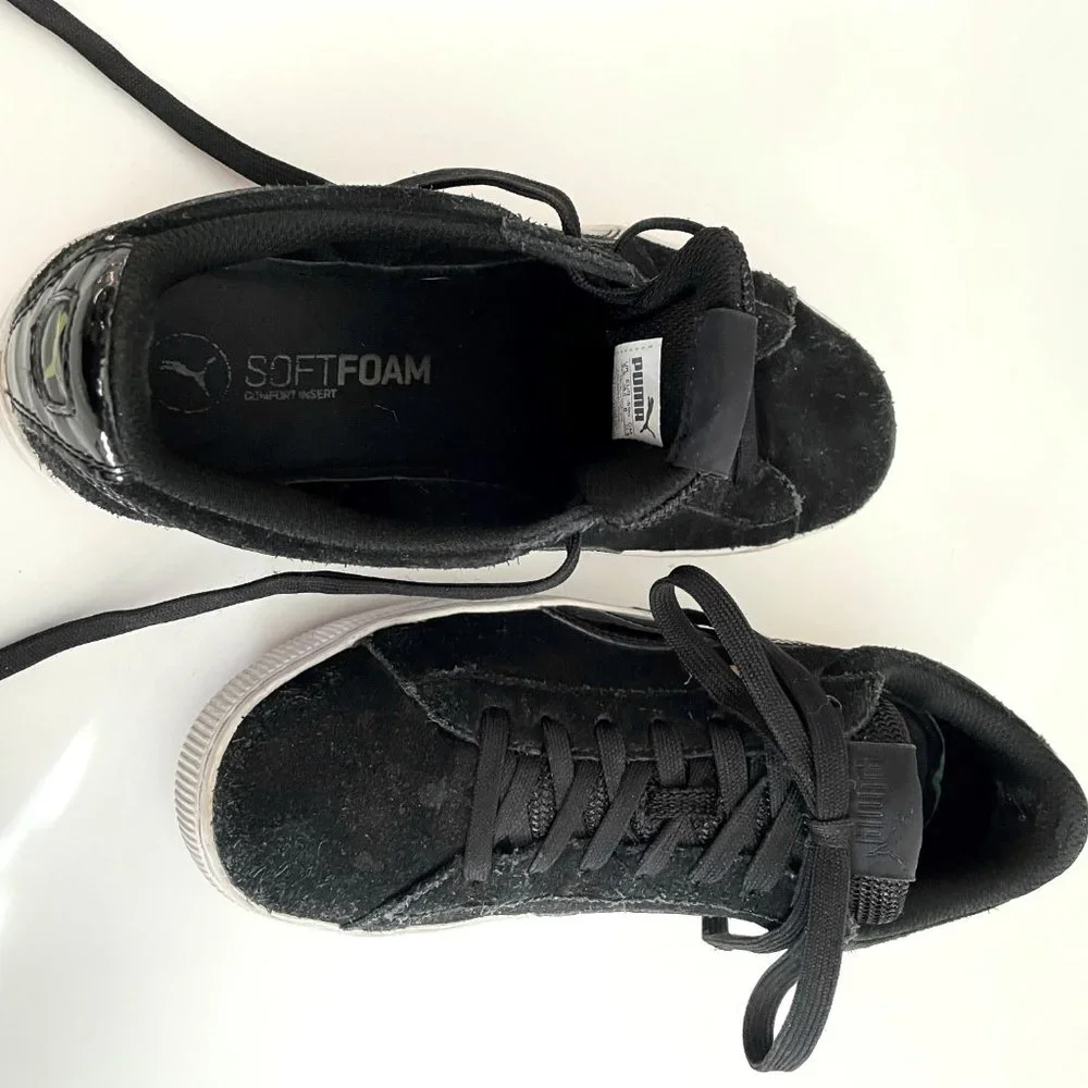 Puma Black Suede Vikky White Platform Low Top Sporty Comfort Leather Sneakers 8 - Picture 9 of 13
